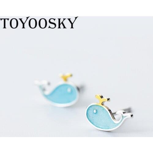 100% Sterling Silver Blue Lovely Whale Stud Earrings For Girls Kids Children Creative Cute Marine Animals Girl Jewelry