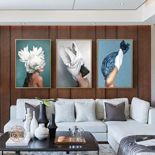 Nordic Modern Floral Feather Woman Wall Art Canvas Painting Posters and Prints Pictures for Living room Bedroom Home Decoration