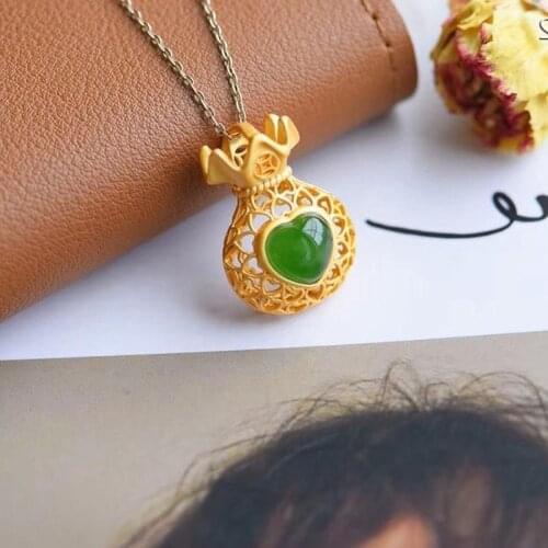Hetian Jade Green Jade Sun Green Heart-Shaped Purse S925 Sterling Silver Womens Pendant Most Popular Ancient Silver Inlaid Craf