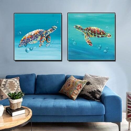 Modern Scandinavian Seascape Colorful Turtle Canvas Painting Blue Octopus Poster and Prints Wall Art for Aesthetic Room Decor