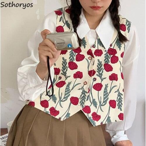 Vintage Vests Women Printed Single Breasted V-neck Short Waistcoats Female Retro Japanese Style Streetwear All-match Casual Chic