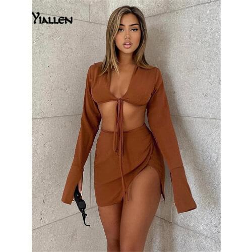 Yiallen Summer New Women Set Solid V Neck Long Sleeve Lce Up Short Top And High Waist Mini Skirt Sexy Street Two Pieces Set
