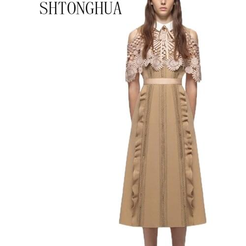SHTONGHUA Self Portrait Lace Summer Dress 2019 Runway Women Hollow Out Short Sleeve Patchwork High waist Party Dress Vestidos