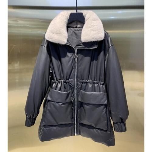 Natural Sheepskin Women Coat Mink Fur Long Sleeve Winter Fashion Sheepskin Genuine Leather Long Windcoat Female Down Jackets