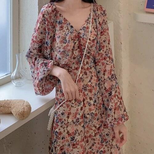 2021 Fashion Korean Summer Dress Long Sleeve Vintage Print Floral Woman Dresses V Neck Casaul Korean Clothing Ropa Mujer WPY2698