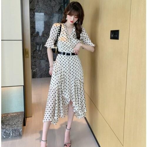 Casual Woman Dress 2020 Spring Summer Print Polka Dot Retro Dress Ladies Belt Asymmetrical Vintage Chiffon Summer Dress Women
