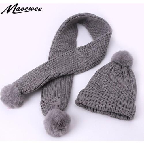 Winter Cute Baby Pompon Hat Scarf Set Knit Crochet Kids Hat Scarves Suit Warm Faux Fur Pom Hat Beanie with Lining For Boys Girls