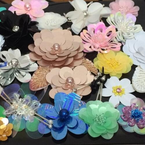 15Pcs/Lot Handmade Sequins Beads Flower Applique Patches Hair Clip,Bags,Brooch,Clothes Sew on flower patch