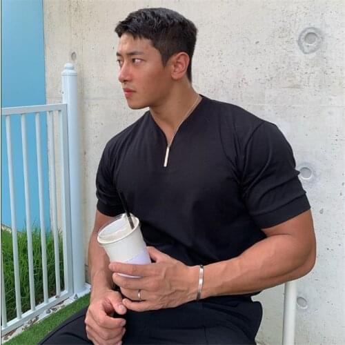 2021 new V-neck short-sleeved mens T shirt slim T shirt mens gym fitness T shirt tight leisure summer T shirt M-3XL