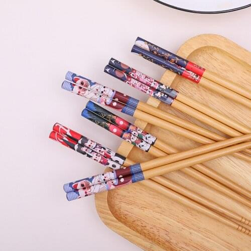 Reusable 5 Pair Set Handmade Bamboo Japanese Style Natural Wood Chopsticks Sushi Food Cat Flower Multi Color Wooden Chop Sticks