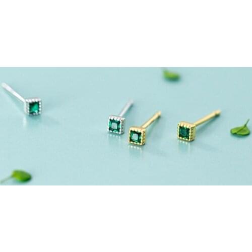 925 Sterling Green CZ TINY Square Post Stud Earrings Women Jewelry A1634
