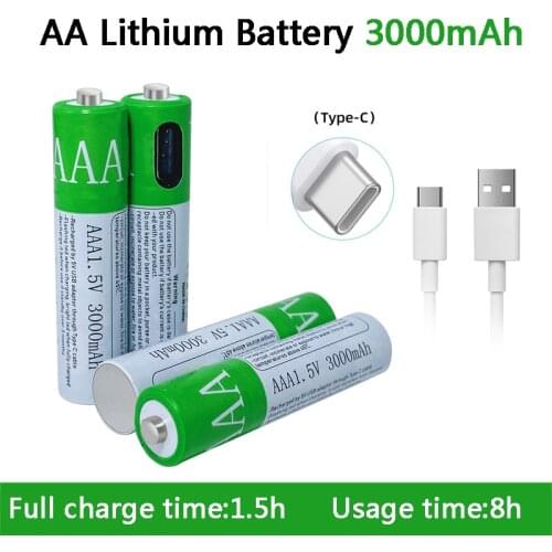 New 1.5V AAA Rechargeable Battery 3000mAh USB Rechargeable AAA Battery Lithium Polymer Battery Quick Charging by Micro USB Cable