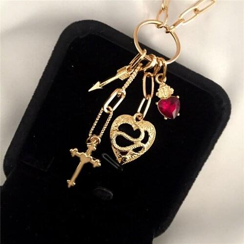 Trendy Gold Color Plating Snake Heart Cross Arrow Red Heart Charm Pendant Long Necklace For Women Sweater Casual Elegant Jewelry