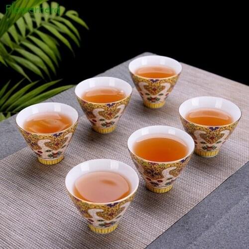 Enamel Ceramic Porcelain Kung Fu Tea Cup Set Teaware Grilled Flower Tea Bowl Tea Cup Painted with Phnom Penh