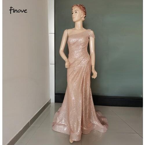 Finove 2021 Evening Dresses Simple Spli Sparkle Sequinedt One-Shoulder Ruched Formal Mermaid Dress For Women Robe De Soiree
