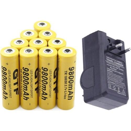 GTF 9800mAh 3.7V 18650 Battery Li- ion batteria Rechargeable Battery For LED Flashlight Torch + EU Charger For 18650 Battery