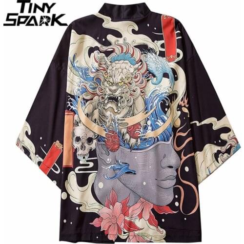Harajuku 2021 Japanese Kimono Jacket Monster Skull Flower Print Hip Hop Men Japan Streetwear Jacket Summer Thin Clothes Kimono
