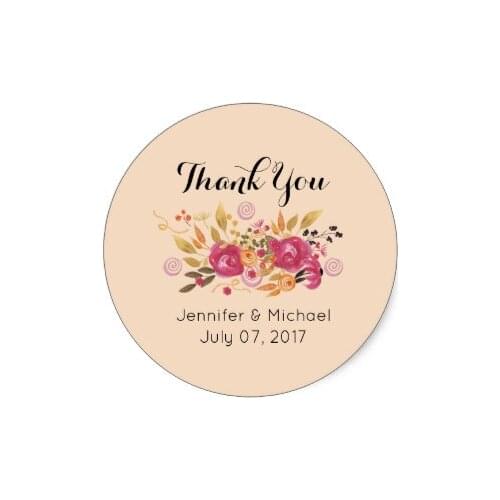 3.8cm Pink and Orange Flower Bouquet Wedding Thank You Classic Round Sticker