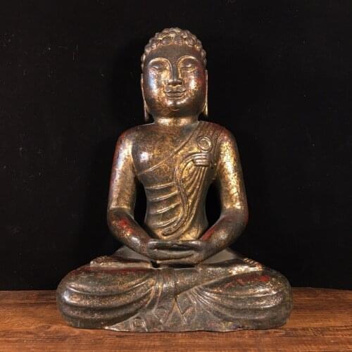 9"Chinese temple collection Old Bronze Lacquer Cinnabar Northern Wei Buddha Shakyamuni Buddha Amitabha Ornaments Town House