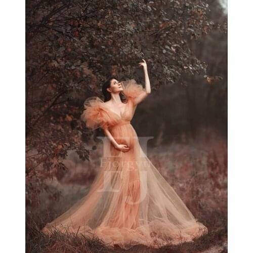 Sweep train Coral Sheer Tulle Prom Dresses A-Line Short Sleeve V Neck Photography Dress Vestido De Festa Evening Dresses 2020