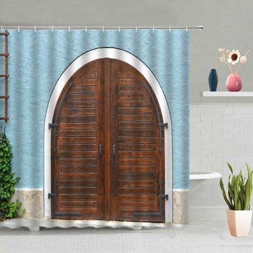 Creative Door Window Shower Curtains Retro Wooden Door Bathroom Decoration Screen Bath Curtain Washable Home Decor With Hook Set