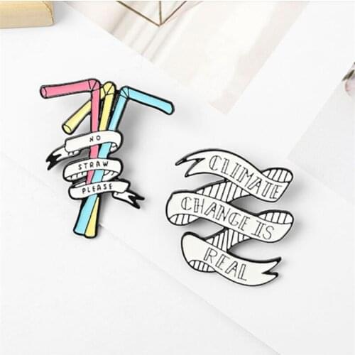 Creative Straw Oil Drop Alloy Brooches Metal Enamel Pin No Straw Please Badge Jeans Bag Accessories
