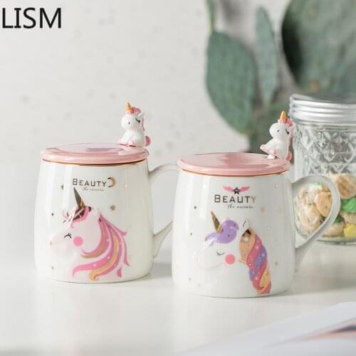 Unicorn Pink Coffee Cup Cute Novelty Ceramic Cartoon Print Porcelain Stirring Mug 3d Lid Luxury Animal Milk Tea Mug Girl Gifts