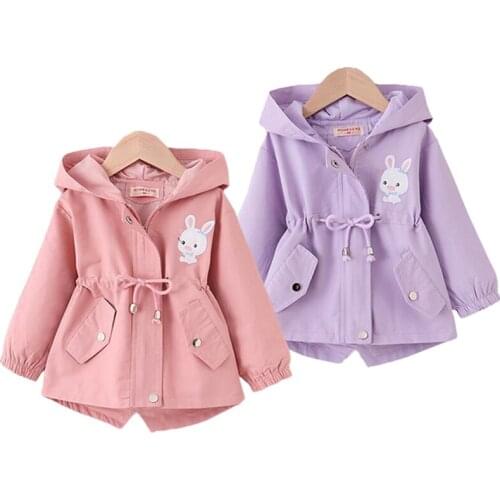 Autumn Casual Long Windbreaker Coat For Girls Cute Rabbit Baby Jacket Hooded Childrens Outerwear 1-7 Years Toddler Girl Clothes