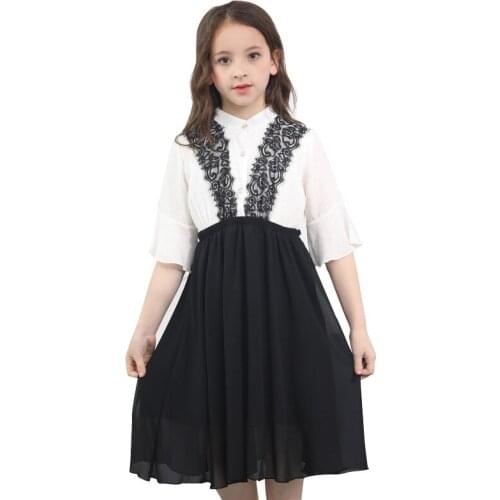 Patchwork Dresses for School Girls White Black Kids Summer Dress Teenage Girls Clothes Chiffon Loose Princess Dresses