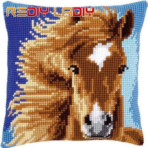 Cross Stitch Cushion Horse and Her Foal Make Your Own Pillow Chunky Cross Stitch Kit Pre-Printed Canvas Acrylic Yarn Pillow Case