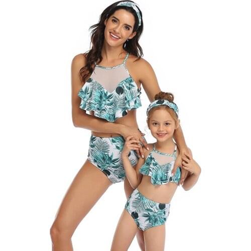 Plant Pattern Family Matching Outfits Sexy Lace Bikini Vacation Beachwear Mother Daughter 2pcs Suits Summer Beach Clothing Set