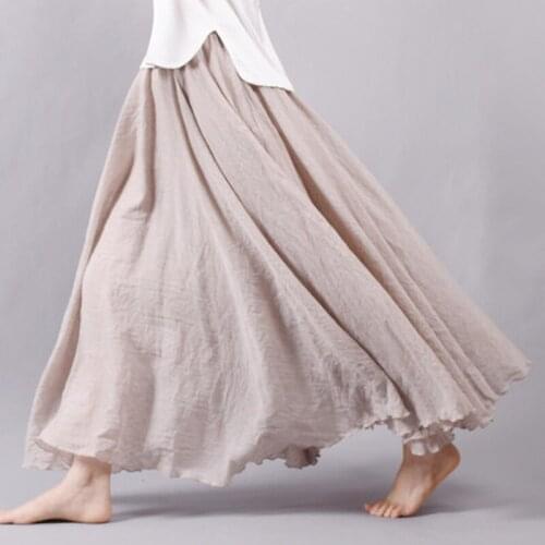 UPPIN 2018 Women Cotton Linen Long Skirts Elastic Waist Pleated Maxi Skirts Beach Boho Vintage Summer Skirts Faldas Saia