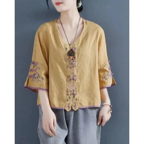 Summer Chinese Style Clothing Women Clothes 2021 Cheongsam Top Chinese Traditional Shirt Blouse Cotton Linen Hanfu Ladies 31196