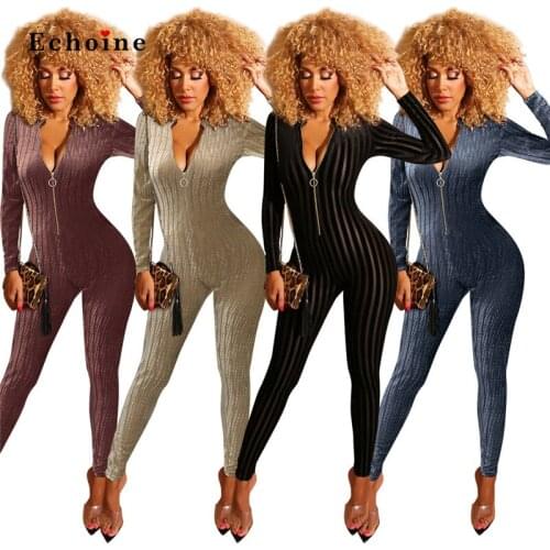 Women Jumpsuit Light Velvet Ribbed Zip Sexy Bodycon V-Neck Long Sleeve Lady Streetwear Tight Long Pencil Pants Nightclub Rompers
