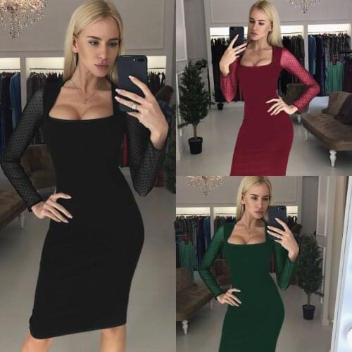 Female Slim Fit Sexy Slit Pack Butt Square Neck Elegant Dress Womans Mesh Stitching High Waist Knee Length Long Sleeve Dress