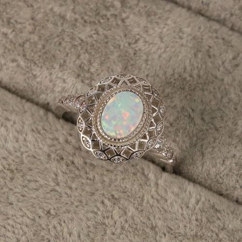 Vintage Hollow Crystal Oval Wedding Ring Female Small White Fire Opal Ring Real 925 Sterling Silver Engagement Rings For Women