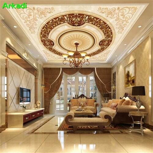 Custom gold European style hotel living room 3d ceiling wallpaper bedroom ceiling ceiling roof mural wall decoration