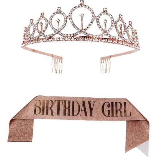 Rhinestone Crown with Satin Sash Girl Birthday Anniversary Party Decoration Birthday Queen Satin Ribbon Sash Party Supplies