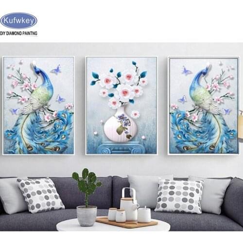 3pcs diamond Mosaic Full Diamond Embroidery blue Peacock,flower,Vase Diamond Painting Cross Stitch Multi-pictures Crafts