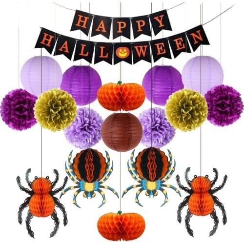 Halloween Paper Lantern Hanging Decoration Spider Pumpkin Honeycomb Ball Tissue Pompoms Hallow Home Party Festival Holiday Decor