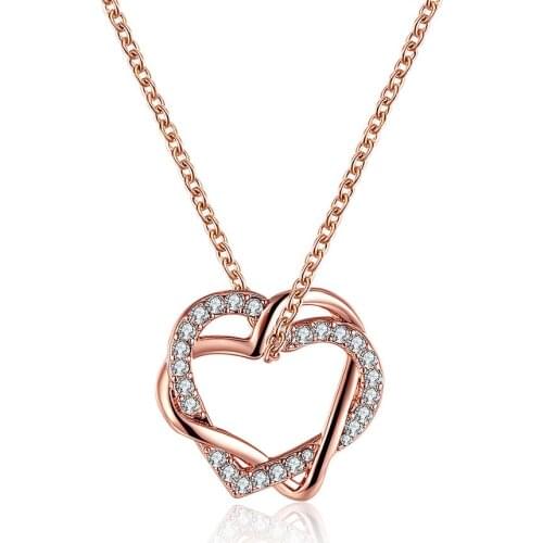COCOM Sexy Double Heart Pendant Necklace with Crystals from Austria Womens Neck Chains Rose Gold Plated Valentines Day Gift
