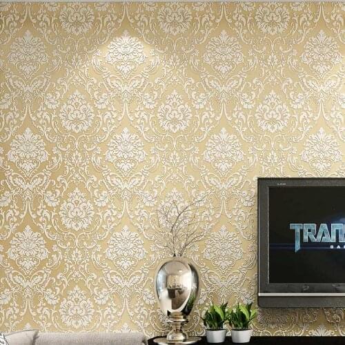 European Style Luxury Damascus 3D Embossed Non-woven Flocking Wallpaper Bedroom Living Room Floral Damask Wall Paper Rolls 10M