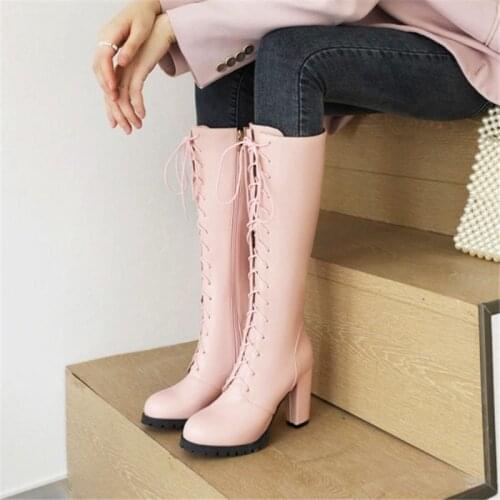 PXELENA 5 Colors Fashion Women Riding Knee High Boots Lace Up Block Heels Work Party Office Lady Long Knight Boots Large Size 48
