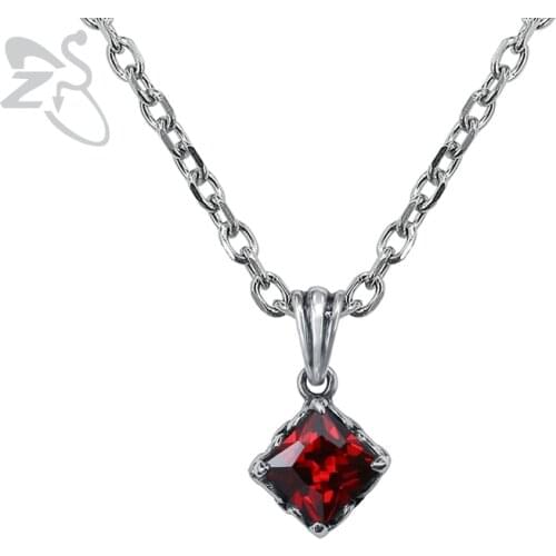 ZS Punk Red & Black Color Square Zirconia Pendant Necklace Mens Stainless Steel Jeewelry Hip Hop Biker Necklace for Men Boys