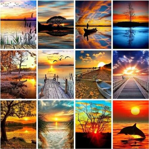 Landscape Diamond Painting Kits Full Round With AB Drill Mosaic Seaside 5D Sunset Picture Of Rhinestone Home Decor Diamond Art