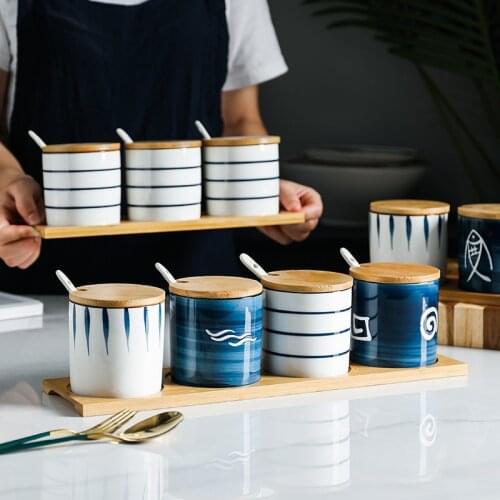 Ceramic Spice Box Set Household Seasoning Jar Spice Rack Salt Sugar Bowl Japanese Kitchen Storage Box