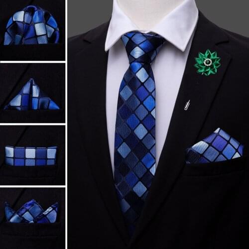 Blue Novelty 100% Silk Mens Wedding Tie Crystal Green Brooches Handkerchief Cufflinks Set Neck Tie for Men Gift Party Barry.wang