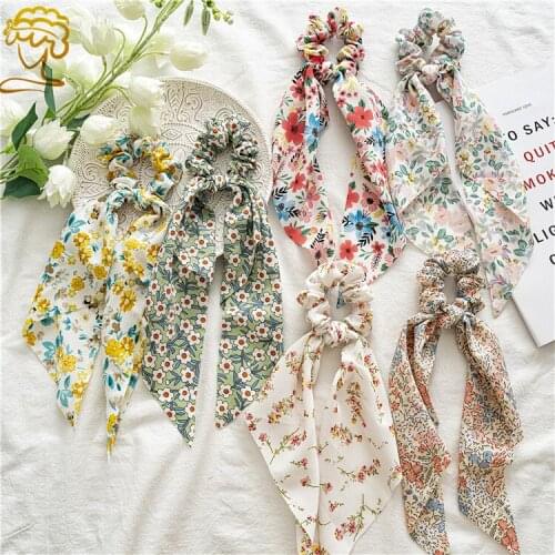 Summer New Chiffon Floral Knotted Ponytail Ribbon Large Intestine Ring Headdress Womens Rubber Band All-Match Headband