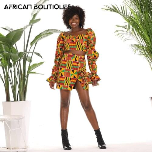 Autumn and Summer Fashion Style African Womens Square Neck Print Sexy Two-Piece Jacket and Skirt African Womens Suit