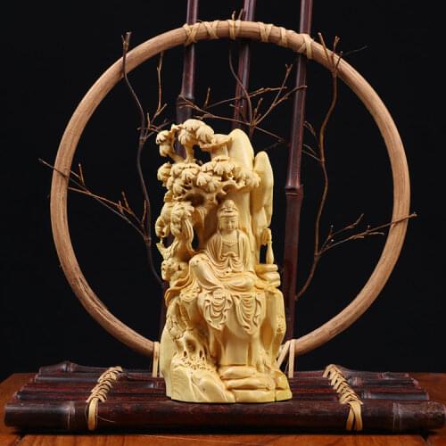 Boxwood Carving Household Ornaments Decoration Craft Wooden Buddha Statue Wenplaygift Guanyin Sculpture Home Decor